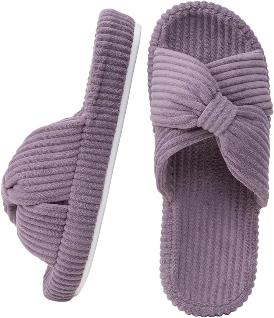 Enteer Platform Corduroy Slippers for Women, Memory Foam Slides with Arch Support, Cozy Crossband Bow Slippers, Non-Slip Indoor Outdoor Bedroom Shoes (Purple)