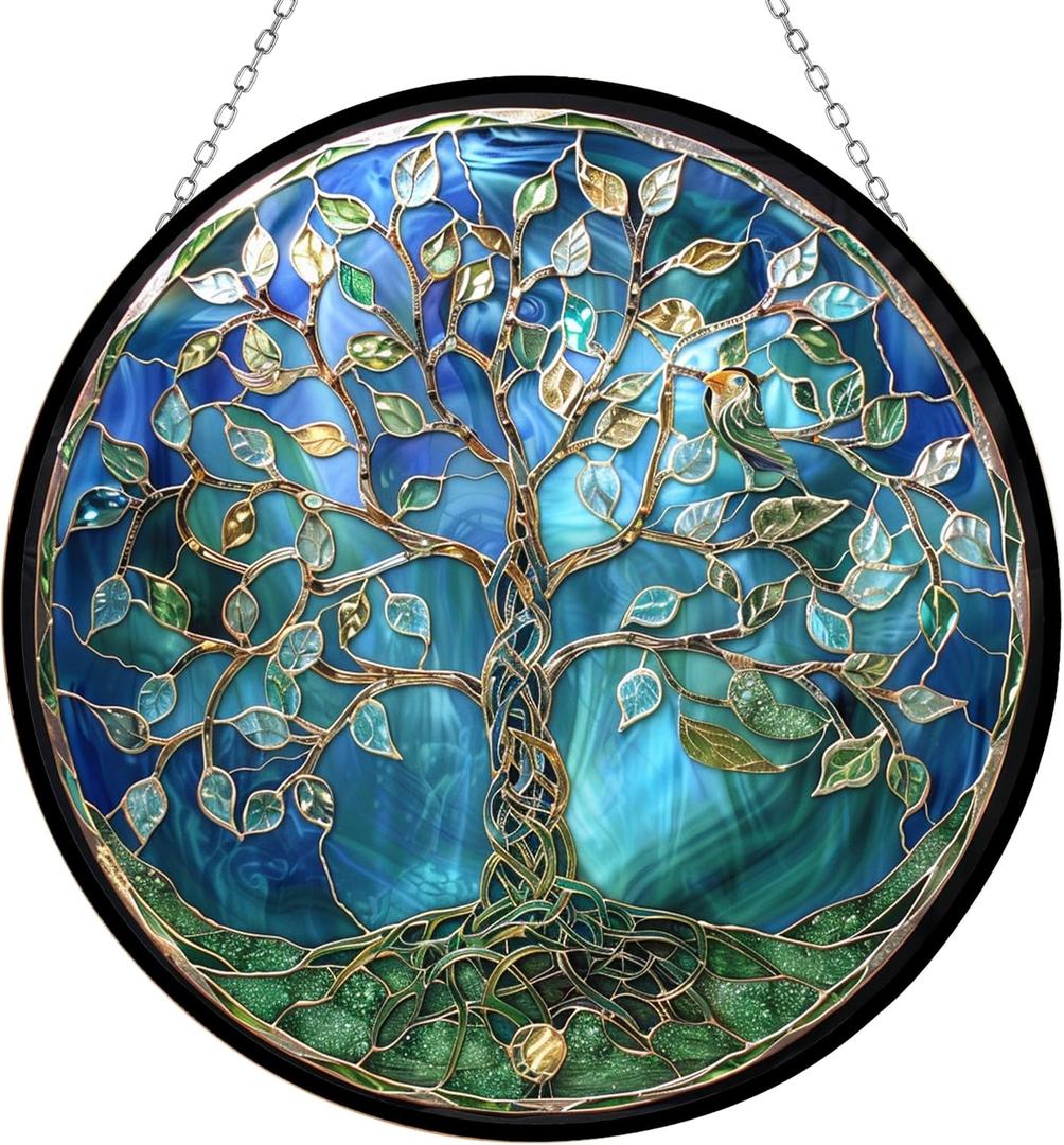 Tree of Life Suncatcher Stained Glass Window Hangings Sun Catchers Colorful Ornament Gifts for Women Mom Wife Halloween Christmas Housewarming (9.8 inches)