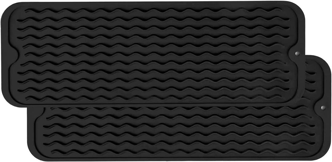 ZLR 2 Pcs Silicone Sponge Holder & Sink Caddy Tray (6" x 17") - Narrow Dish Drying Mat for Kitchen Counter - Waterproof Soap Dispenser Organizer, Non-Slip Bathroom Vanity Tray (Black)