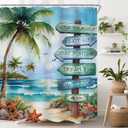 Riyidecor Beach Ocean Shower Curtain for Bathroom Decor 60Wx72H Coastal Nautical Positive Quotes Seaside Tropical Palm Tree Teal Blue Art Printed Fabric Polyester Waterproof 12 Pack Plastic Hook