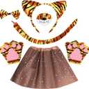 Tiger Costume with Brown Skirt,Halloween Costume for Girls,Tiger Ear and Tail Set Costume for Kids Multiple Layers of Brown Skirt for Adults Kids Girls