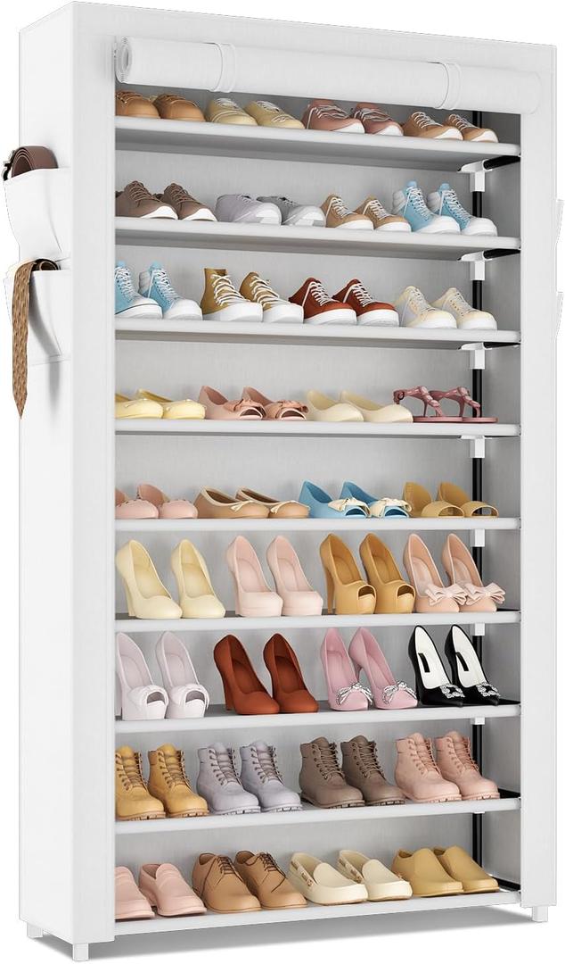 pLANTEFUL Shoe Rack with Covers 10 Tier Tall Shoe Rack Organizer Large Capacity Shoe Shelf Storage 40 Pairs Space Saving Free Standing Shoe Storage Organizer for Closet, Entryway, Dorm, White