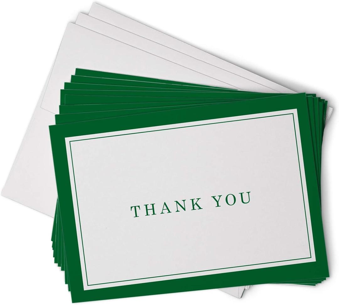 Hill Valley Greetings Green Formal Thank You Cards with Border - 48 Classic Note Cards with Envelopes - Perfect for Business Professionals & Special Events