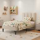 VECELO Twin Size Bed Frame with Upholstered Headboard, 2-Beige