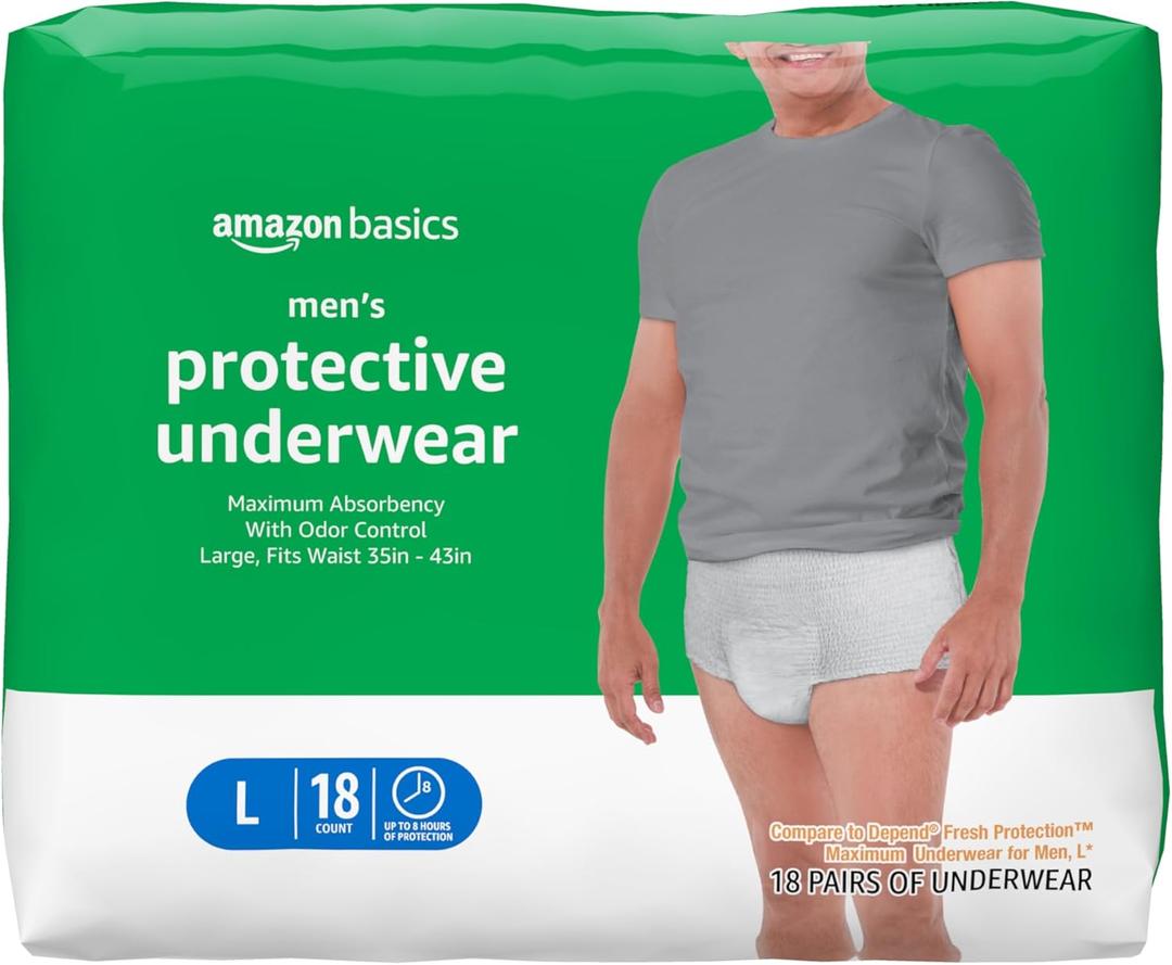 Amazon Basics Maximum Absorbency Incontinence Underwear for Men with Leak Protection, Advanced Odor Protection, Soft Cotton Feel, Large, 18 Count