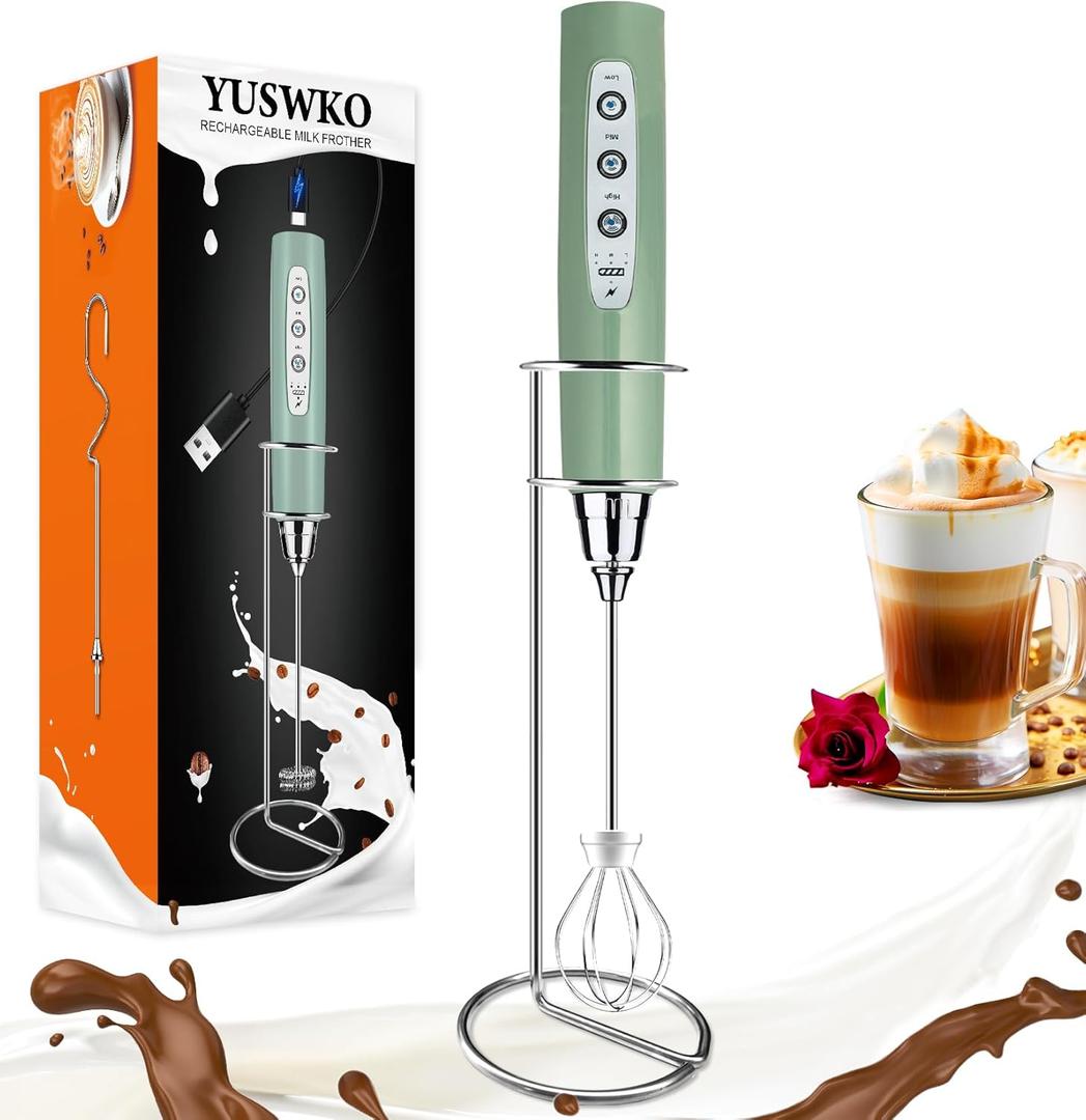 YUSWKO Granite Rechargeable Milk Frother for Coffee with Stand, Handheld Drink Mixer with 3 Heads 3 Speeds Electric Stirrers for Latte, Cappuccino, Hot Chocolate, Egg