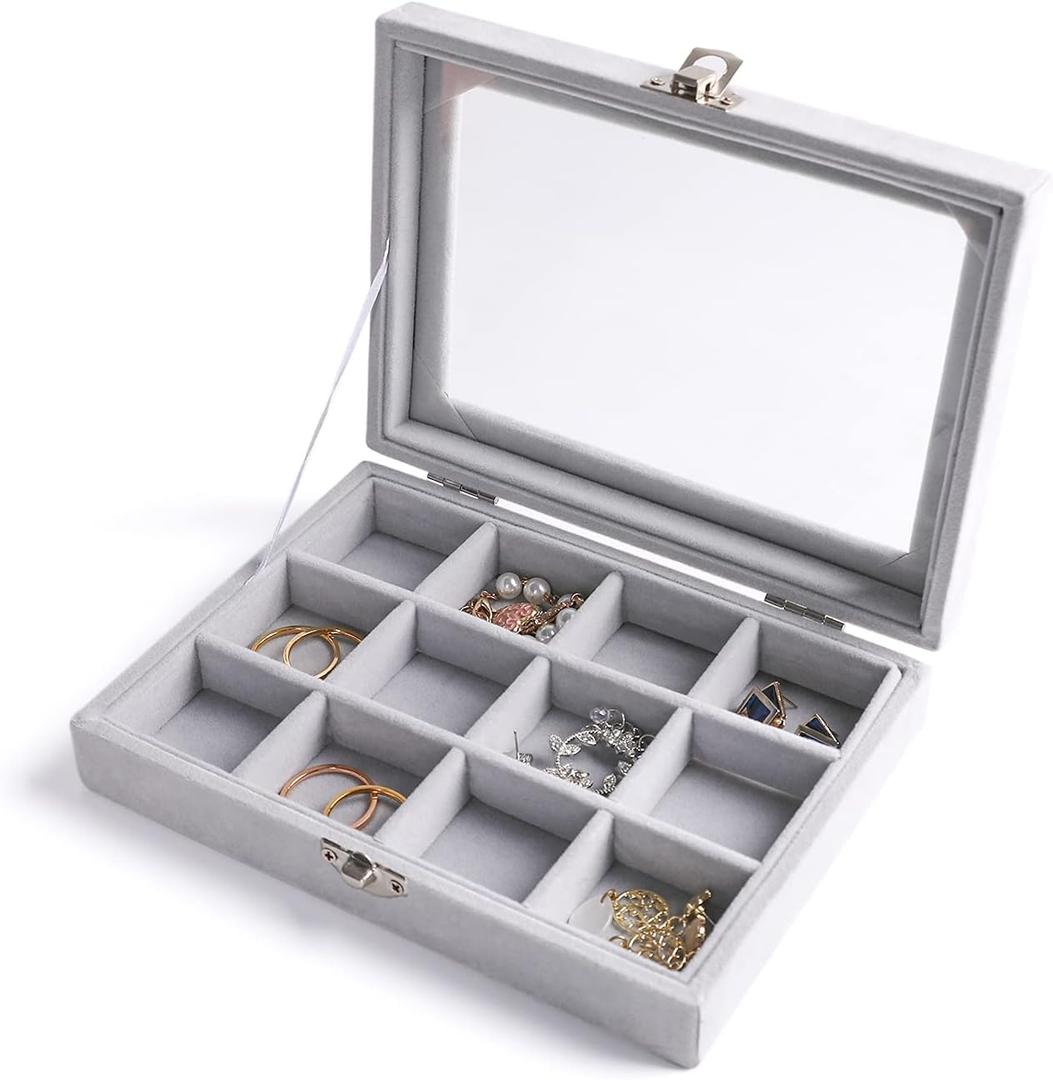 Frebeauty Jewelry Organizer Tray with Clear Lid, 12 Grid Velvet Drawer Insert Storage Box with Transparent Lid Display Case Gift for Women (Grey, 12 Grid)