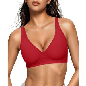 OEAK Womens Deep V Bras Wireless Comfortable Bra Supportive No Underwire Bras Tshirt Push Up Bralettes Plunge Seamless Bra (Large, Red)
