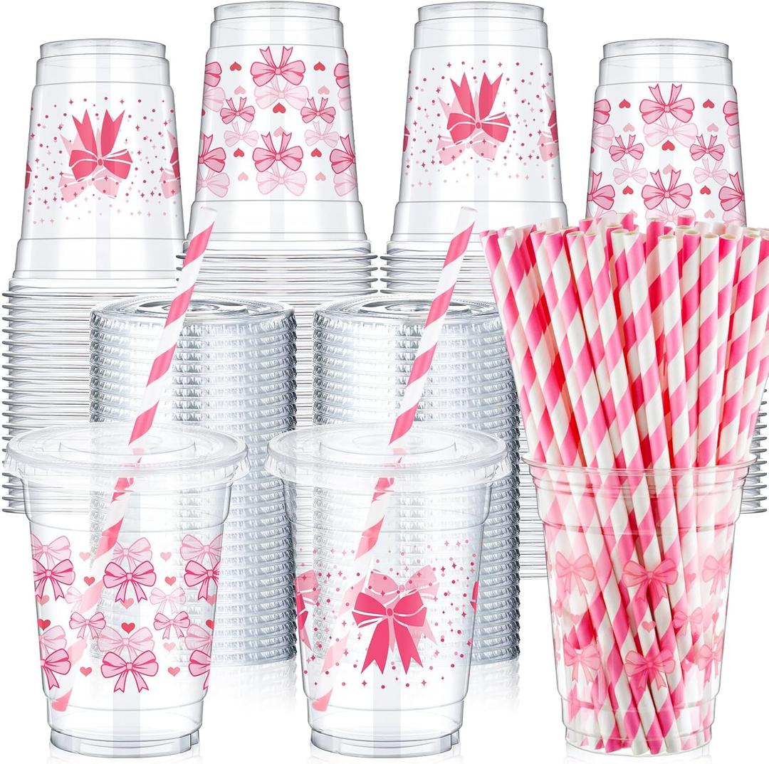 Yaomiao 100 Pcs Valentine's Day Pink Bow Plastic Cups 12oz Disposable Clear Galentine Pink Plastic Cups with Lids and Straw Cute Bow Cup Bulk Birthday Wedding Party Favors Supplies for Cold Beverage