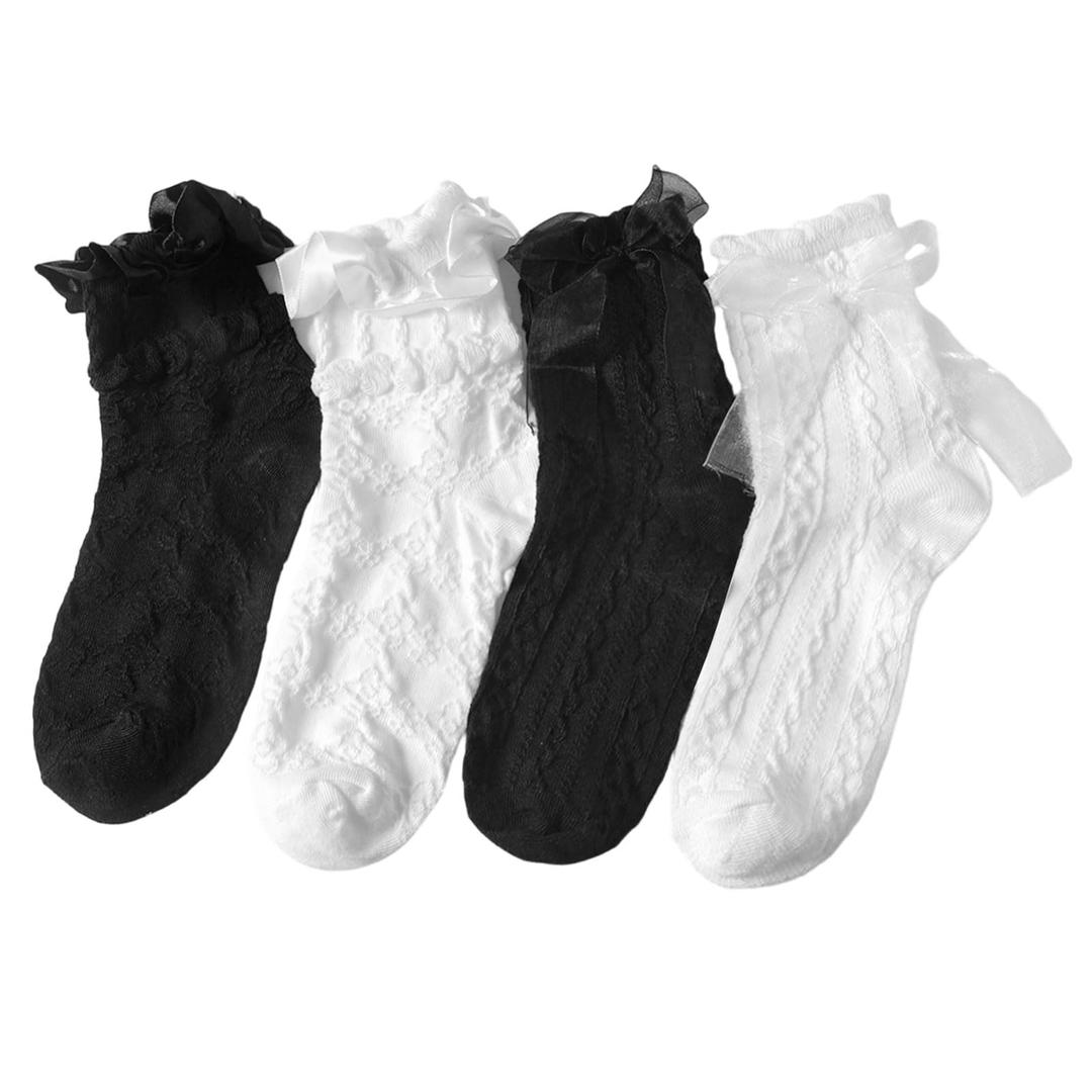 Ksriylm 4 Pairs Women's Ruffle Ankle Socks,Cute Lace Turn Cuff Bow Frilly Dress Socks, Casual Comfortable Cotton Princess Calf Socks for Women Ladies, Black White