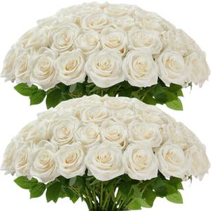 100 Pcs White Rose Artificial Flowers Bulk, Ivory Silk Fake Roses with Long Stem for Wedding Decoration, Bridal Bouquets, DIY Flower Wall, Party Table Centerpieces, Home Decor