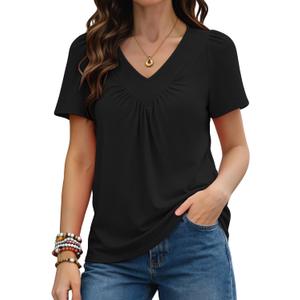 KKJ Womens T Shirts Ruched V Neck Puff Short Sleeve 2026 Dressy Casual Blouses Spring Summer Loose Fit Tops Business Clothes L