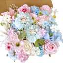 Artificial Flowers Combo Box Set Baby Blue Pink Silk Roses with Stems Crystal DIY Pastel Rainbow Bridal Wedding Bouquets Cake Fake Floral Arrangements Baby Shower Party Table Centerpieces Home Decor