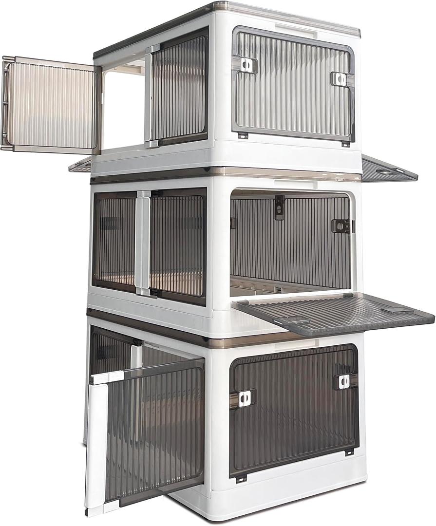 Stackable Storage Bins with Doors - 3 Tier 80Qt Each Plastic Collapsible Storage Bins with Wheels, Foldable Storage Cabinet for Closet Organizers(60 Gal/240 Qt)