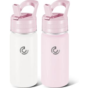 2 Pack Kids Water Bottle,14 Oz Stainless Steel Water Bottle with Straws, Leak-Proof, BPA-Free, Insulated Water Bottles for School Boys & Girls|Pink + White