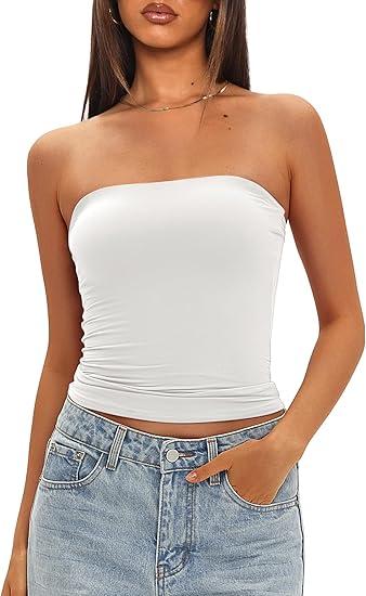 Darong Womens Padded Tube Tops Bulit in Bra Strapless Crop Tops Bandeau Double Lined Basic Going Out Tank Top size S Color white
