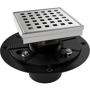 4 Inch Square Shower Drain Brushed Floor Drain with Flange Square Holes Pattern Cover Grate Removable SUS304 Stainless Steel Watermark&CUPC Certified Brushed