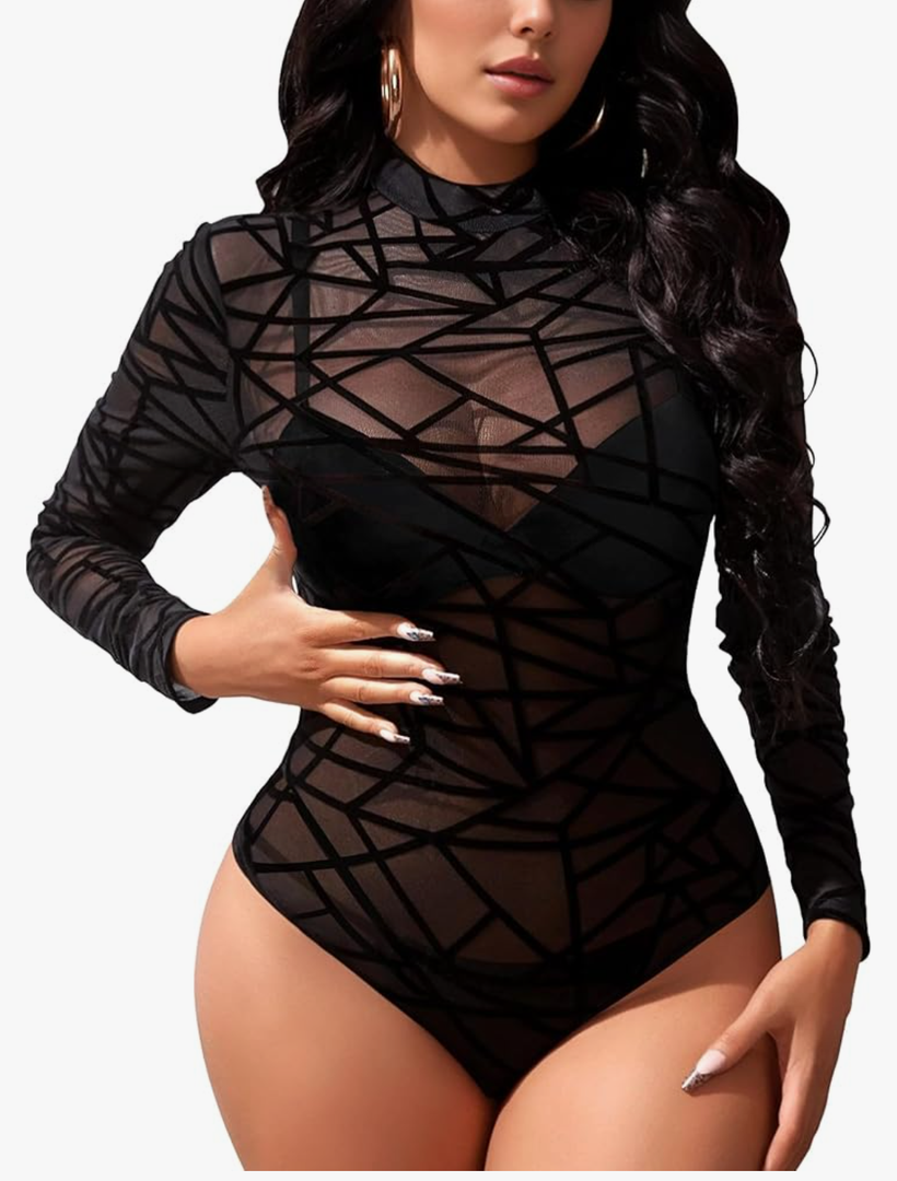 Buauty Long Sleeve Mesh Bodysuit for Women, Sheer Mesh Top Round Neck See Through Leotard Jumpsuit Snap Crotch Clubwear Black XL
