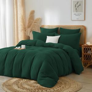 100% Muslin Cotton Dark Green Duvet Cover Set Twin Size, Ultra Soft Breathable Absorbent Gauze Bedding Duvet Cover, Minimalist Fluffy Natural Wrinkle Linen Textured Comforter Cover 68" x 90"