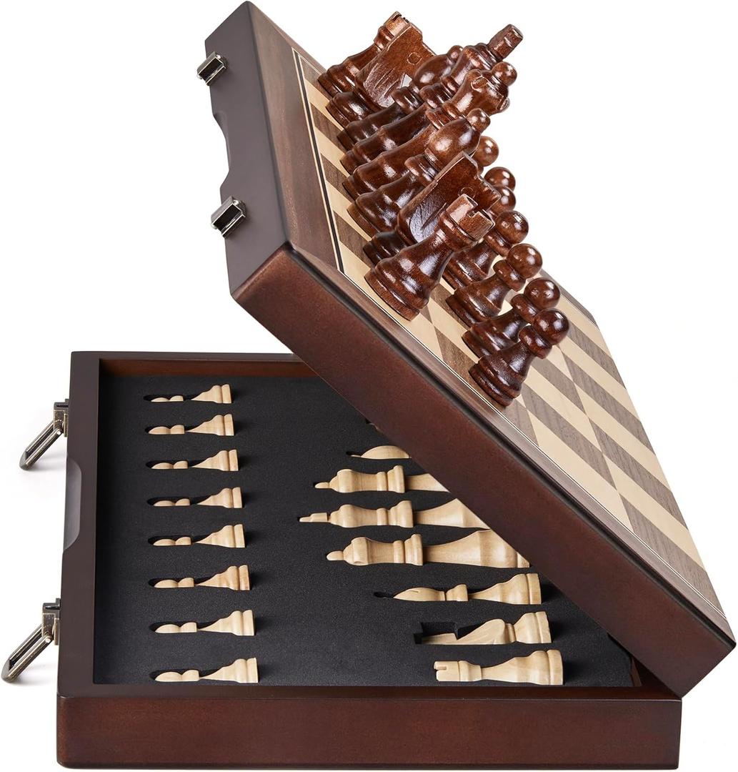 AMEROUS 15'' Magnetic Wooden Chess Set for Adults Kids - with Folding Board, Gift Package, Pieces Storage Slots, Handmade Pieces,Chess Board Game Set for Tournament Professional Beginner