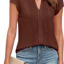 Blooming Jelly Womens Blouses Dressy Causal V Neck Pintuck Short Petal Sleeve Business Tops Ladies Summer Trendy Work Shirt (Large, Brown)