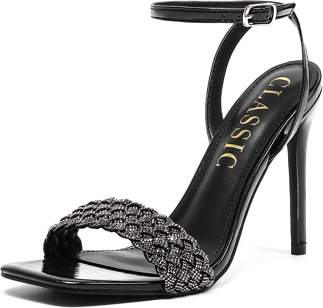 Women's Stiletto Heels, Crystal High Heels Rhinestone Silver Sandals Open Square Toe Ankle Strap Heels Strappy Dress Shoes for Party Wedding Bridal