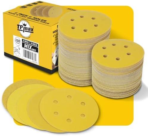 100PCS 6 Inch 150mm 6 Hole Sanding Discs Sandpaper Mixed Grits - Premium Gold Round Hook and Loop for Random Orbital Sander (60, 80, 120, 220, 320 Grit Variety Pack)