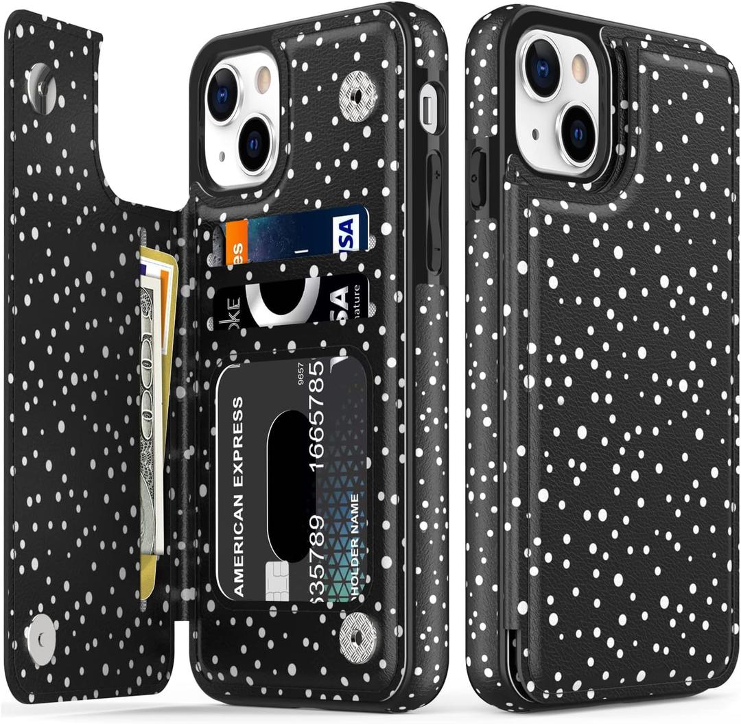 LETO for iPhone 15 Wallet Case - Flip Folio Leather Kickstand - Fashionable Designs - Credit Card Holder - Protective Phone Cover for Women and Girls - 6.1" - Stars