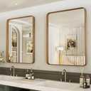 LOAAO 24X32 Inch Bathroom Mirror with Wood Grain Colored Metal Frame, Rounded Rectangle Metal Framed Bathroom Mirror, Anti-Rust, Hangs Horizontally or Vertically