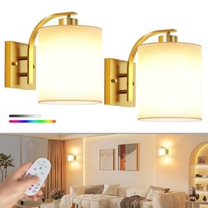 Aiilsmp Battery Operated Wall Sconce Set of Two,Gold Rechargeable Wall Lights with Dimmable Bulbs and Remote,12 Colors Wireless Wall Sconce for Bedroom Living Room Hallway