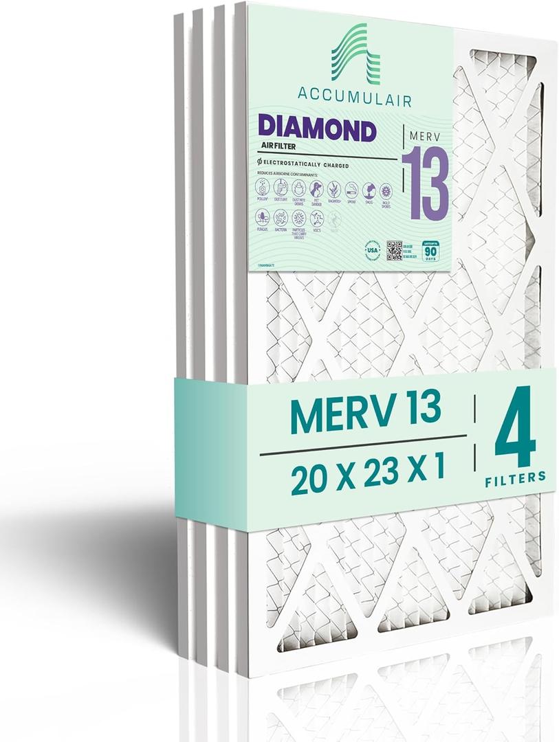 Accumulair Diamond 20x23x1 MERV 13 HVAC AC Furnace Air Filter (4-Pack) | Replacement Air Filter for Home, Residential and Commercial Use | Made in USA | Actual Size 20x23x1