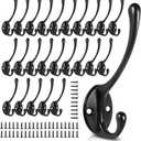 Dual Prong Coat Hooks Wall Mounted Retro Double Hooks Utility Black Hook for Coat Scarf Bag Towel Key Cap Cup Hat 3.15" x 2.17"(L x H) with Wood Piece