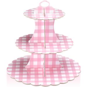 Willinglong 1 Pcs Gingham 3 Tier Cardboard Cupcake Stand Silly Goose Paper Cupcake Stand Tower Tiered Cup Cake Dessert Display Holder for Birthday Baby Shower Party Supplies Decorations (Pink)