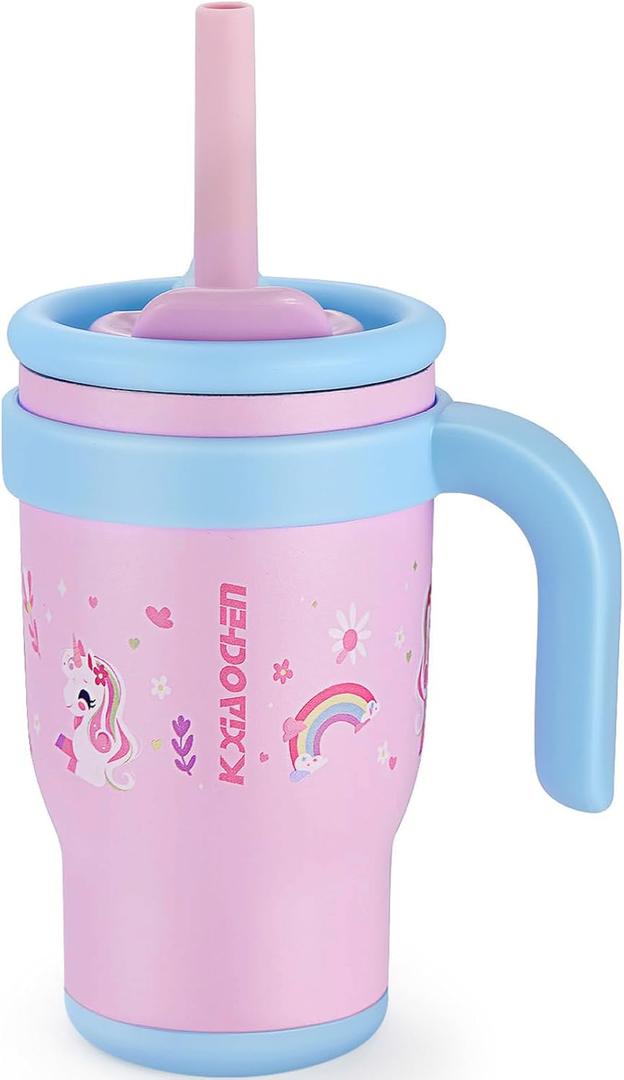 KXIAOCHEN 14 oz Kids Tumbler with Handle for spill proof Insulated Stainless Steel Reusable Tumbler for Toddlers, Keeps Drinks Cold up to 24 Hrs,Pink Unicorn
