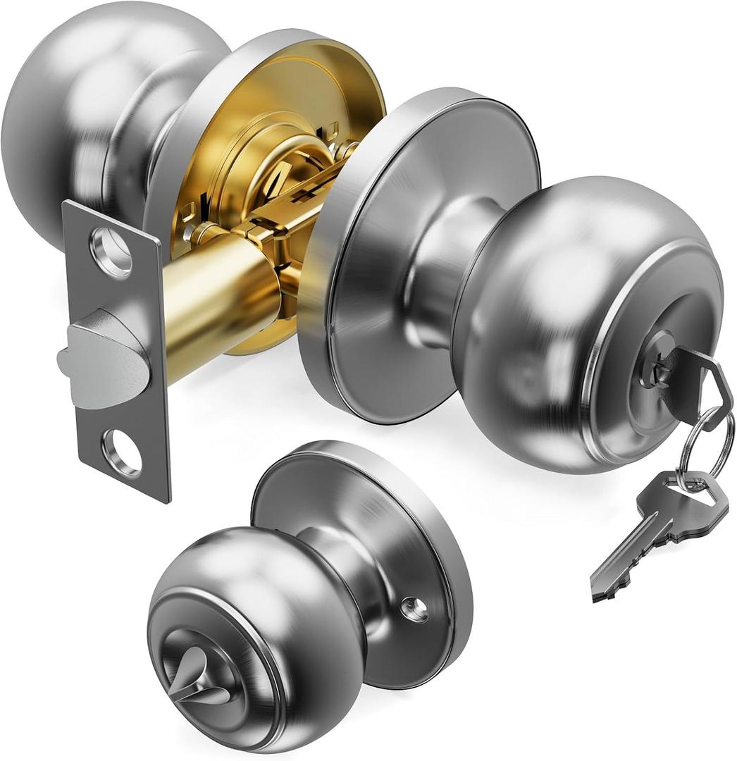 1 Pack Door Knob with Lock and Key, Keyed Entry Door Knobs, Brushed Nickel Interior and Exterior Round Ball Door Lock for Bedroom