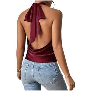 MakeMeChic Women's Halter Tops Satin Silk Backless Sleeveless Camisole Party Club Sexy Going Out Top, L/XL