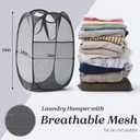 TECHMILLY Collapsible Mesh Pop Up Laundry Hamper with Sturdy Handles and Side Pocket - Portable Foldable Clothes Baskets for Dorm, Bathroom & Travel Storage (Grey, 3 Packs)