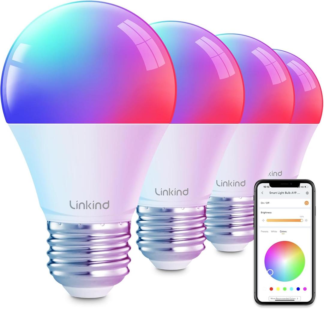 Linkind Smart Light Bulbs, Smart Bulb That Work with Alexa & Google Home, LED Light Bulbs Color Changing, 64 Preset Scenes, Music Sync, A19 E26 2.4GHz RGBTW WiFi Bluetooth Light Bulb 60W, 800LM, 4Pack (4 Count(Pack of 1))
