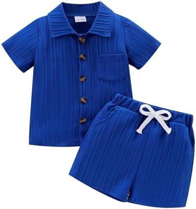 TOKIAGO Toddler Baby Boys Clothes Ribbed Button-Down Shirt Tops +Shorts Pocket Outfit 2 PCS set 12 Months-5T Without Tee 12-18M
