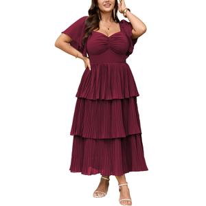 SCOMCHIC Women's Plus Size Formal Wedding Guest Evening Party Dress | Short Sleeve Pleated Tiered Chiffon Bridesmaid Dresses Size 2XL