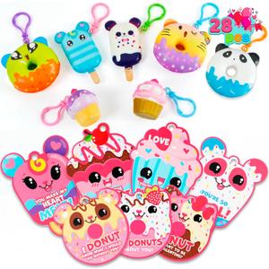 JOYIN 28 Packs Valentine Dessert squishy toys Stress Relief Keychains with Cards for Classroom Exchange Prizes, Fidget Toy Valentines Greeting Cards, Valentine Party Favors, Exchange Gifts