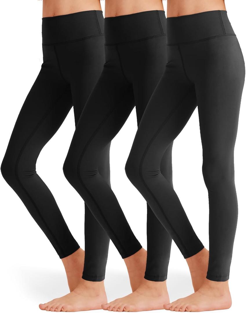 3 Pack Girls Black Athletic Leggings, Printed Ankle Length High Waisted Yoga Pants for Kids Teen (Large)