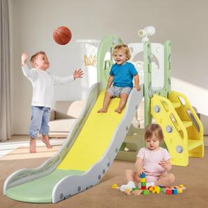 6 in 1 Toddler Playset Toddler Slide and Climber Playset, L-Shaped Kids Slide with Basketball Hoop, Telescope & Storage, Sturdy Indoor Outdoor Playground, for Boys Girls 1-3+, Style A
