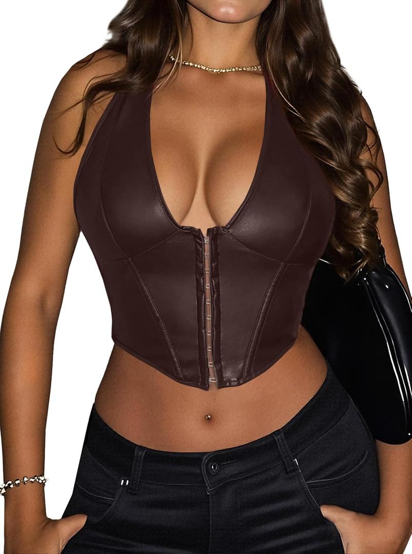 Avanova Women Leather Halter Corset Bustier Tops Sexy Going Out Crop Tank Tops (XS)