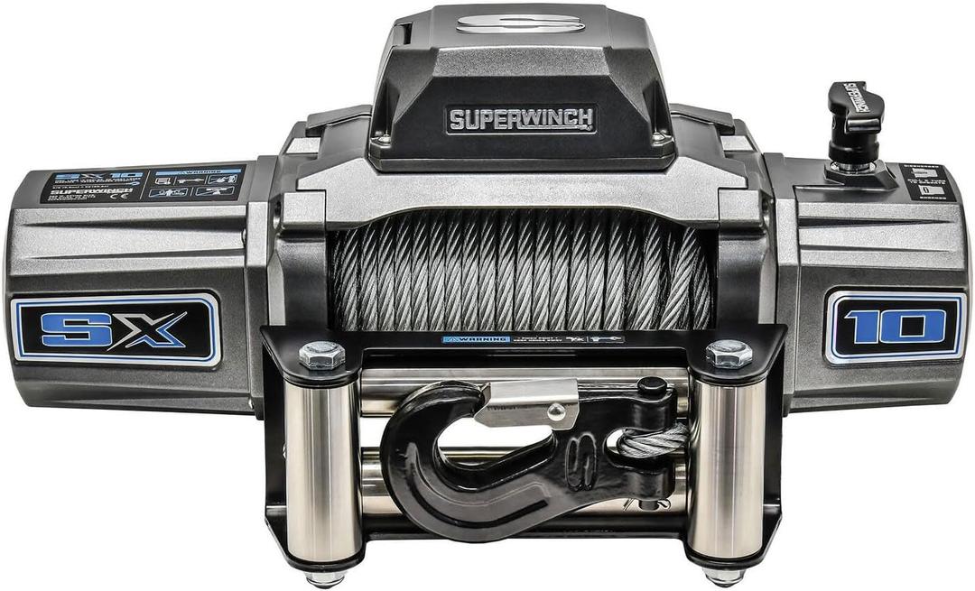 Superwinch 1710200 SX10 12V DC Electric Waterproof Recovery Winch 10,000lb/4,536kg Single Line Pull with Roller Fairlead 3/8in x 80ft Steel Wire Rope Corded Handheld Remote No-Bind Clutch