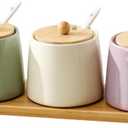 Kitchen ceramic sugar pot, pepper pot, salt pot with lid spoon, creative home chicken essence seasoning box, seasoning jar, seasoning box 3, bamboo tray, 8 ounces for sugar bowl, pepper, spice.