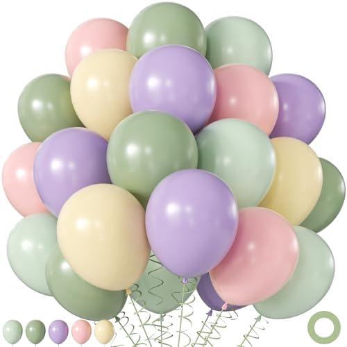 Purple Green Pink Yellow Balloons, 60Pcs 12 Inch Pastel Balloons Include Sage green Pastel Purple Pink Yellow Light Green balloons for Wildflower Baby Shower Wedding Birthday Party Decorations
