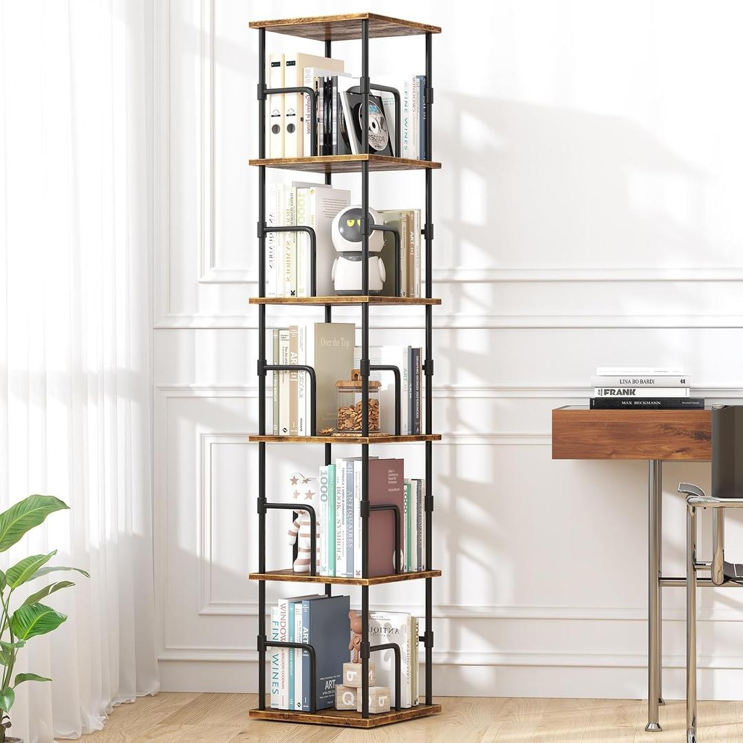5-Tier Rotating Bookshelf, Freestanding Corner Bookshelf, 360 Spinning Bookcase Industrial Style Storage Rack with Rails, for Living Room, Bedroom, Study (Rustic Brown and Black)