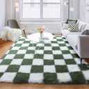 KICMOR Rugs for Living Room 5x8 Olive Green and White, Large Fluffy Soft Plush Checkered Area Rug Big Fuzzy Shag Shaggy Carpet for Bedroom, Indoor Floor Rug for Nursery Kids Childrens Toddler Room