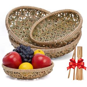 Handwoven Bamboo Basket Set of 3, Decorative Wall Basket, Boho Woven Basket Decor, Round Serving Basket for Bread & Fruit, Artisan Bamboo Storage + Tongs & Brush